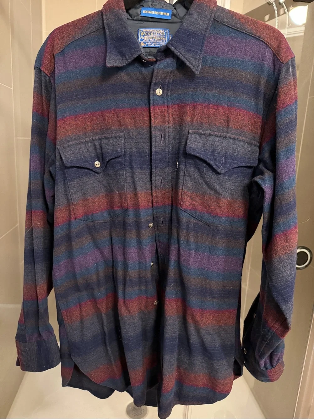 Pendleton Men’s Striped Wool Button-Down Shirt in Navy and Red